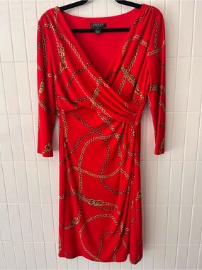 Lauren Ralph Lauren Red Gold Chain Print Faux Wrap Dress Classic Size 10